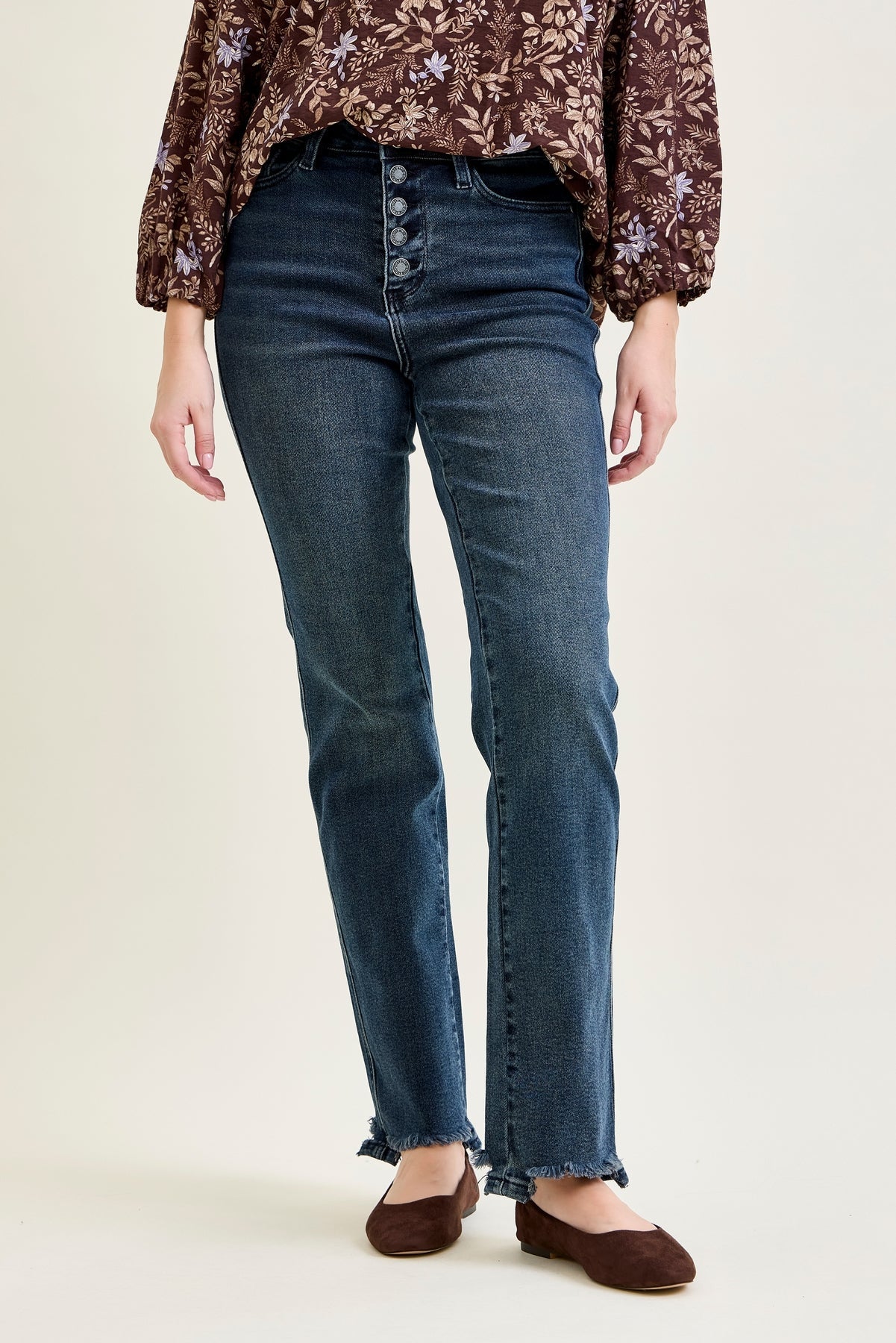 Lisa High Rise Button Fly Hem Distressed Straight Jeans