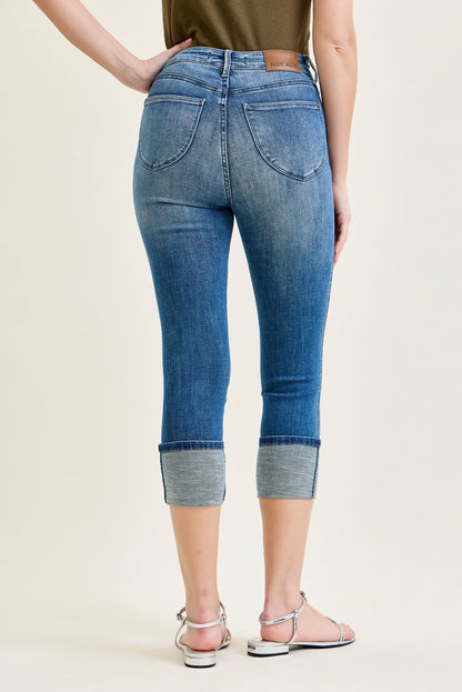 Kayla High Rise Tummy Control Back Shield Pockets & Cuff Capri
