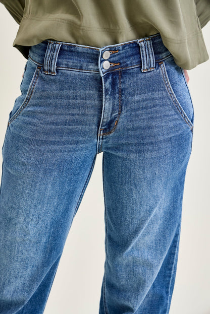 Clementine High Rise Double Button Wide Leg Denim Jeans