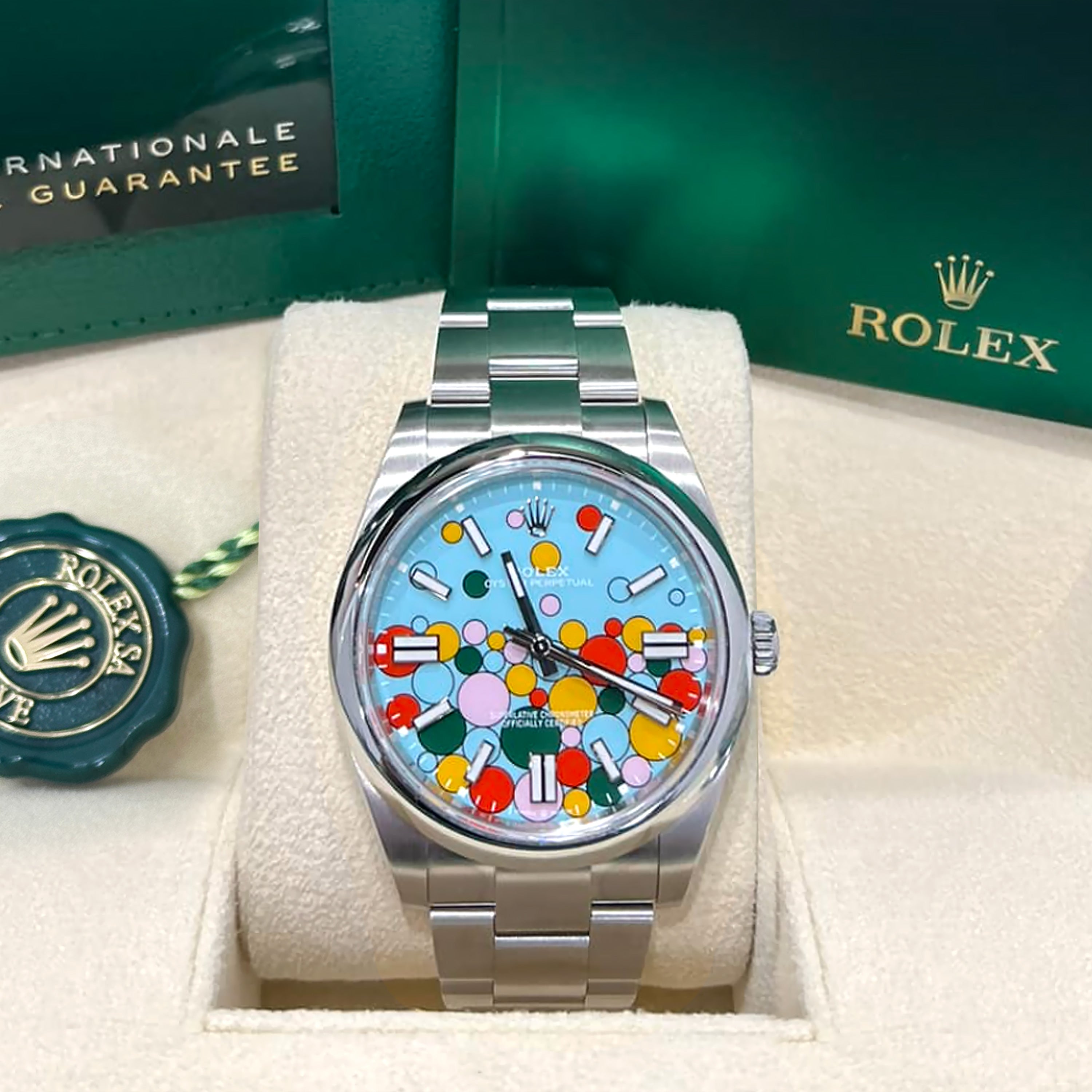 Rolex Oyster Perpetual 41, Oystersteel, 41mm, Turquoise Celebration Motif Dial, Ref# 124300-0008 - Image 3