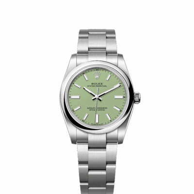 Unworn 2025, Rolex Oyster Perpetual, Oystersteel, 34mm, Pistachio-green dial, Domed Oyster, Ref# 124200-0006, box and papers