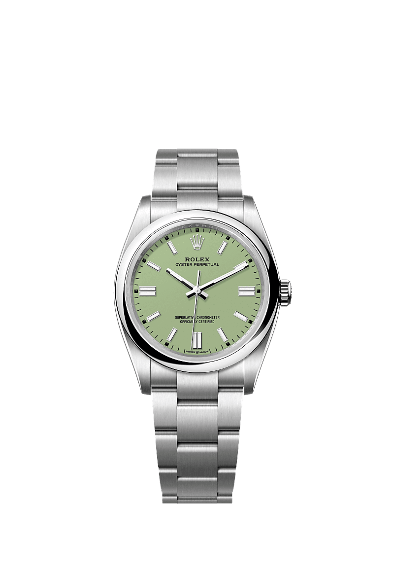 Unworn 2025, Rolex Oyster Perpetual, Oystersteel 36mm, Pistachio-green dial, Domed Oyster, Ref# 126000-0011, box and papers