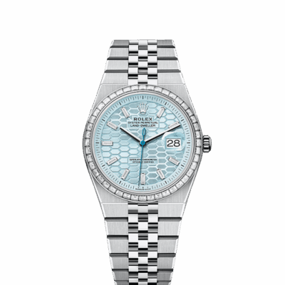 Unworn 2025, Rolex Land-Dweller 36, Platinum and Diamonds, Ice blue dial, Flat Jubilee, Ref# 127286tbr-0001, box and papers