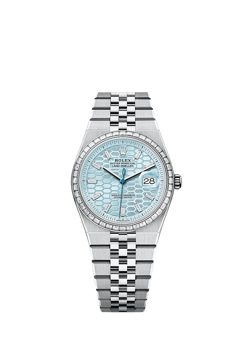 Unworn 2025, Rolex Land-Dweller 36, Platinum and Diamonds, Ice blue dial, Flat Jubilee, Ref# 127286tbr-0001, box and papers
