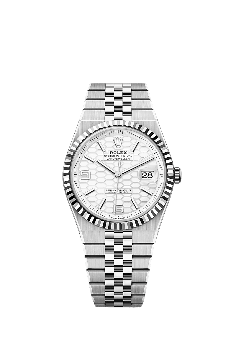 Unworn 2025, Rolex Land-Dweller 40, Oystersteel and 18k White Gold, Intense white dial, Fluted Flat Jubilee, Ref# 127334-0001, box and papers