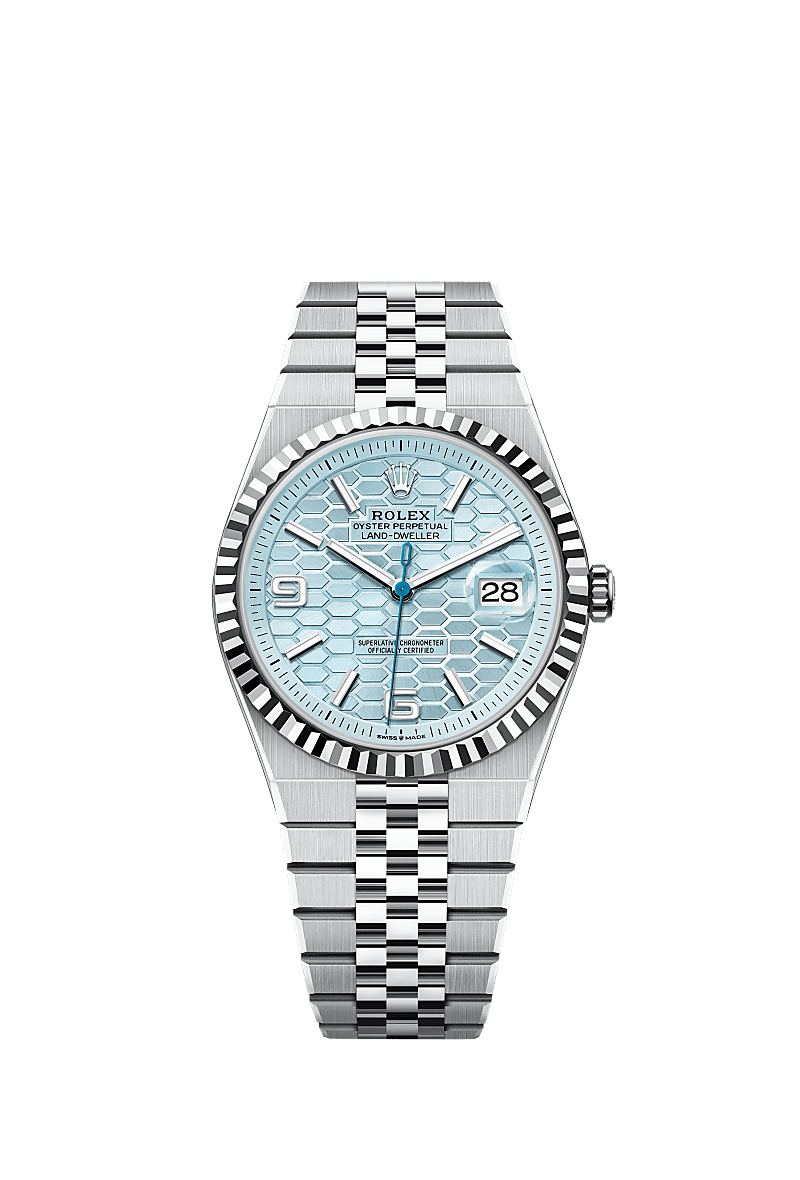 Unworn 2025, Rolex Land-Dweller 40, Platinum, Ice blue dial, Fluted Flat Jubilee, Ref# 127336-0001, box and papers