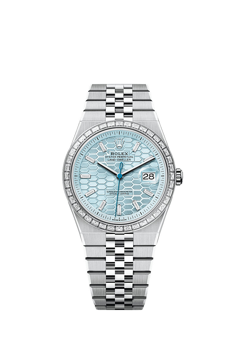 Unworn 2025, Rolex Land-Dweller 40, Platinum and Diamonds, Ice blue dial, Flat Jubilee, Ref# 127386tbr-0001, box and papers